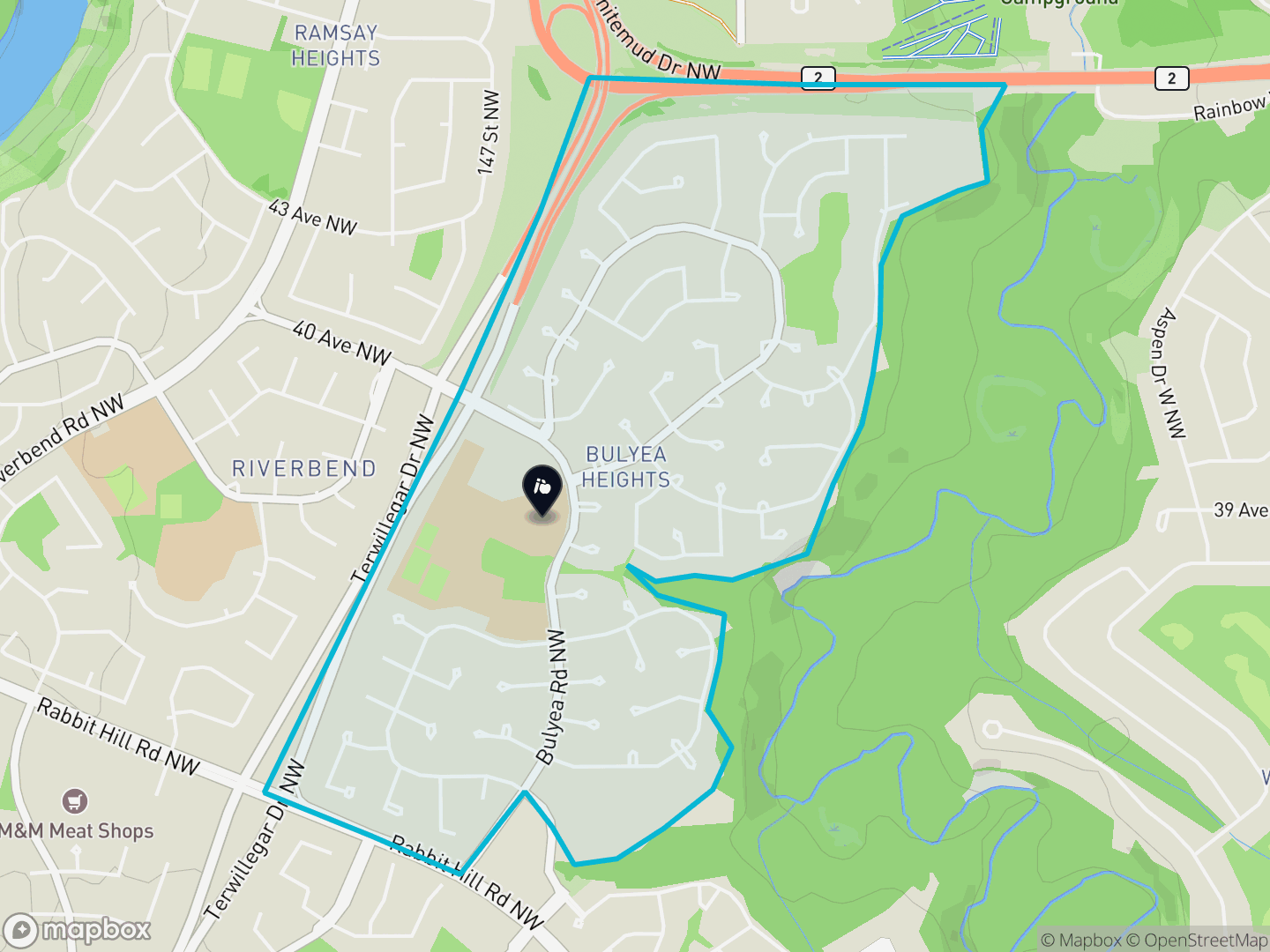 Map of Bulyea Heights, Edmonton — neighbourhood boundary, 1 school, parks and surrounding streets.
