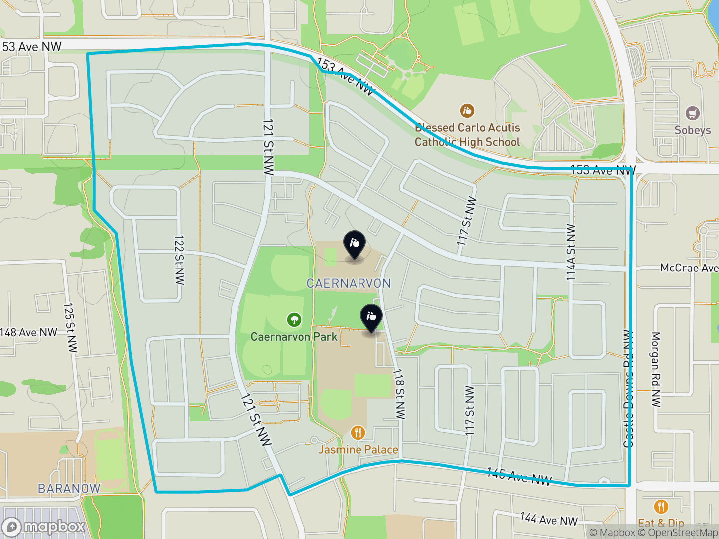 Map of Caernarvon, Edmonton — neighbourhood boundary, 2 schools, parks and surrounding streets.