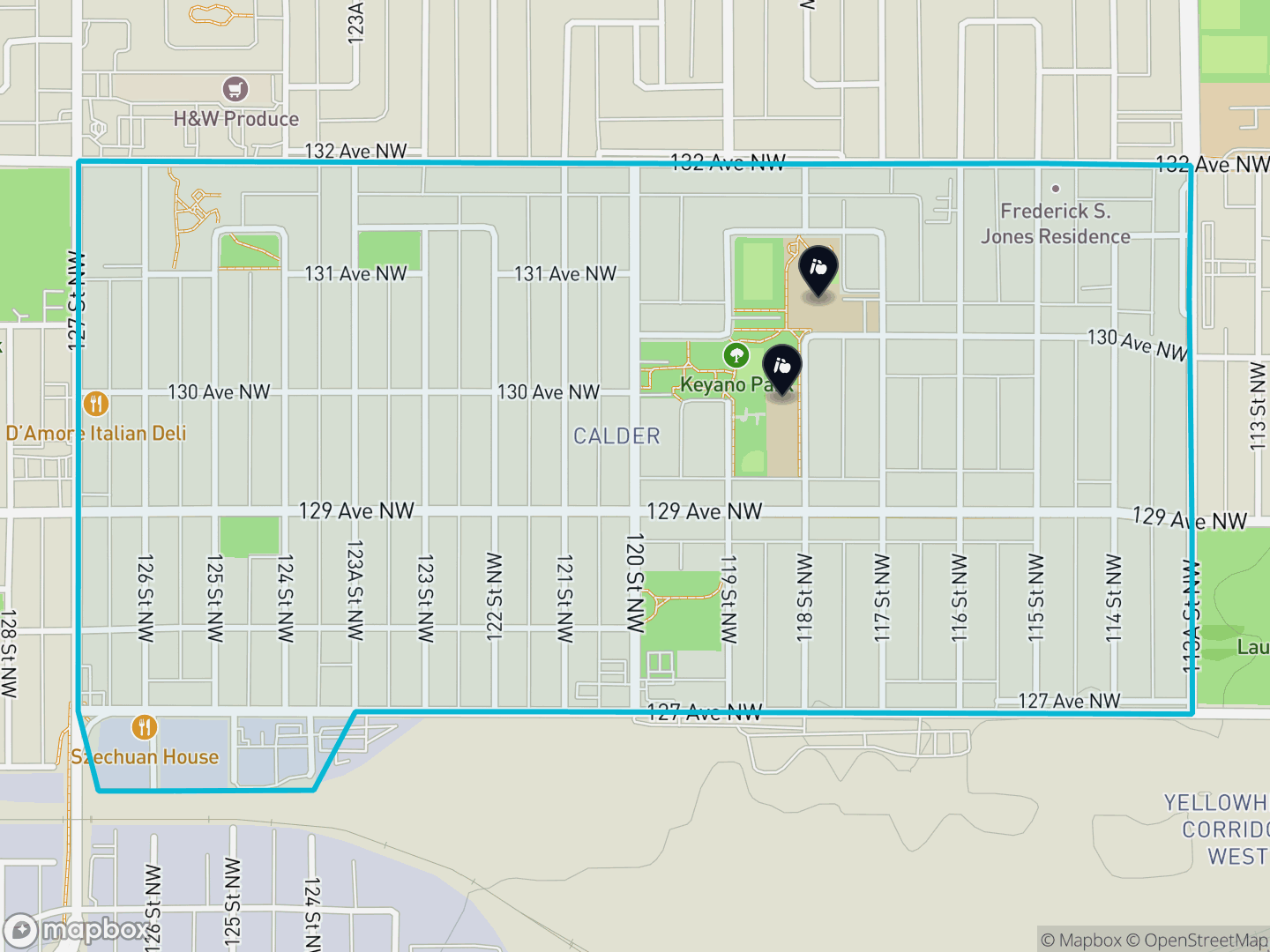 Map of Calder, Edmonton — neighbourhood boundary, 2 schools, parks and surrounding streets.