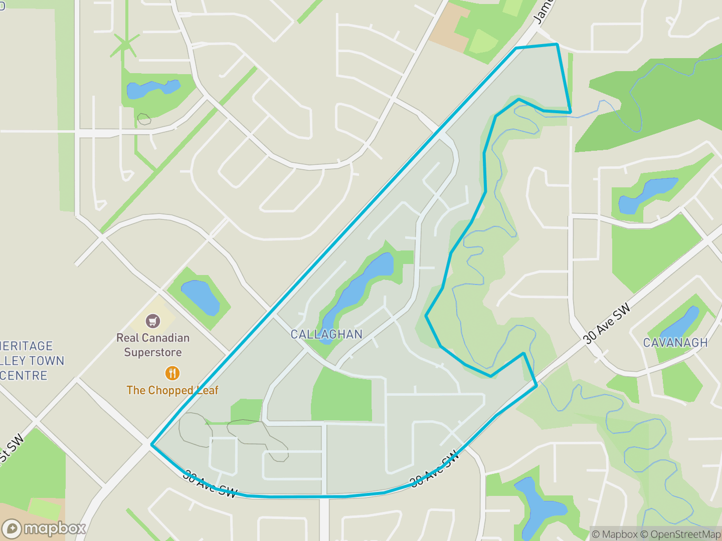 Map of Callaghan, Edmonton — neighbourhood boundary, parks and surrounding streets.