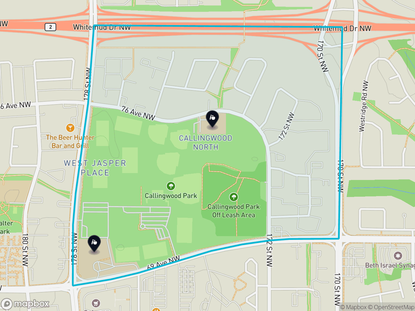 Map of Callingwood North, Edmonton — neighbourhood boundary, 2 schools, parks and surrounding streets.