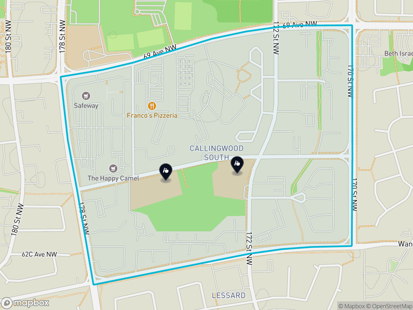 Map of Callingwood South, Edmonton — neighbourhood boundary, 2 schools, parks and surrounding streets.