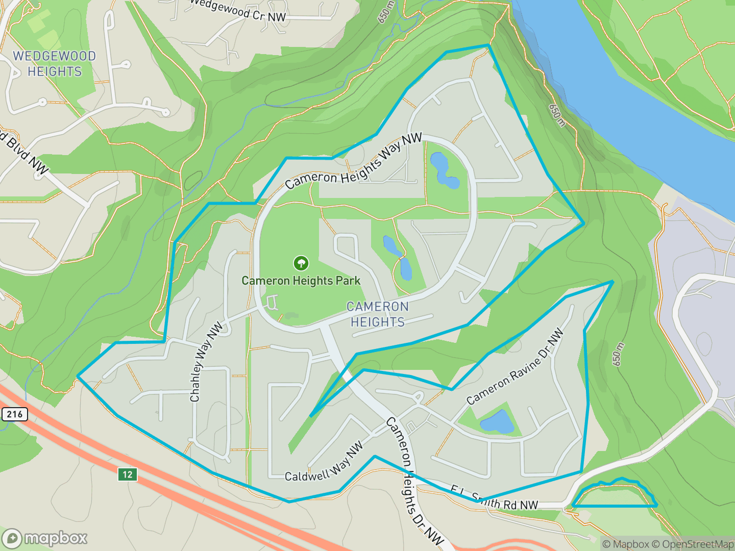 Map of Cameron Heights, Edmonton — neighbourhood boundary, parks and surrounding streets.