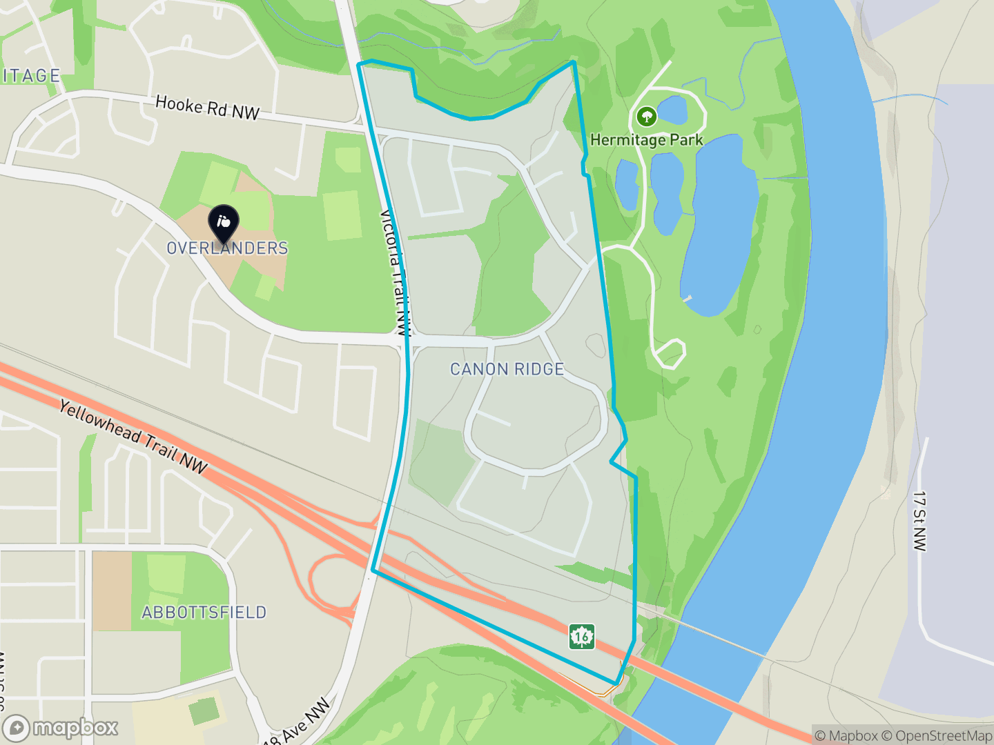 Map of Canon Ridge, Edmonton — neighbourhood boundary, 1 school, parks and surrounding streets.