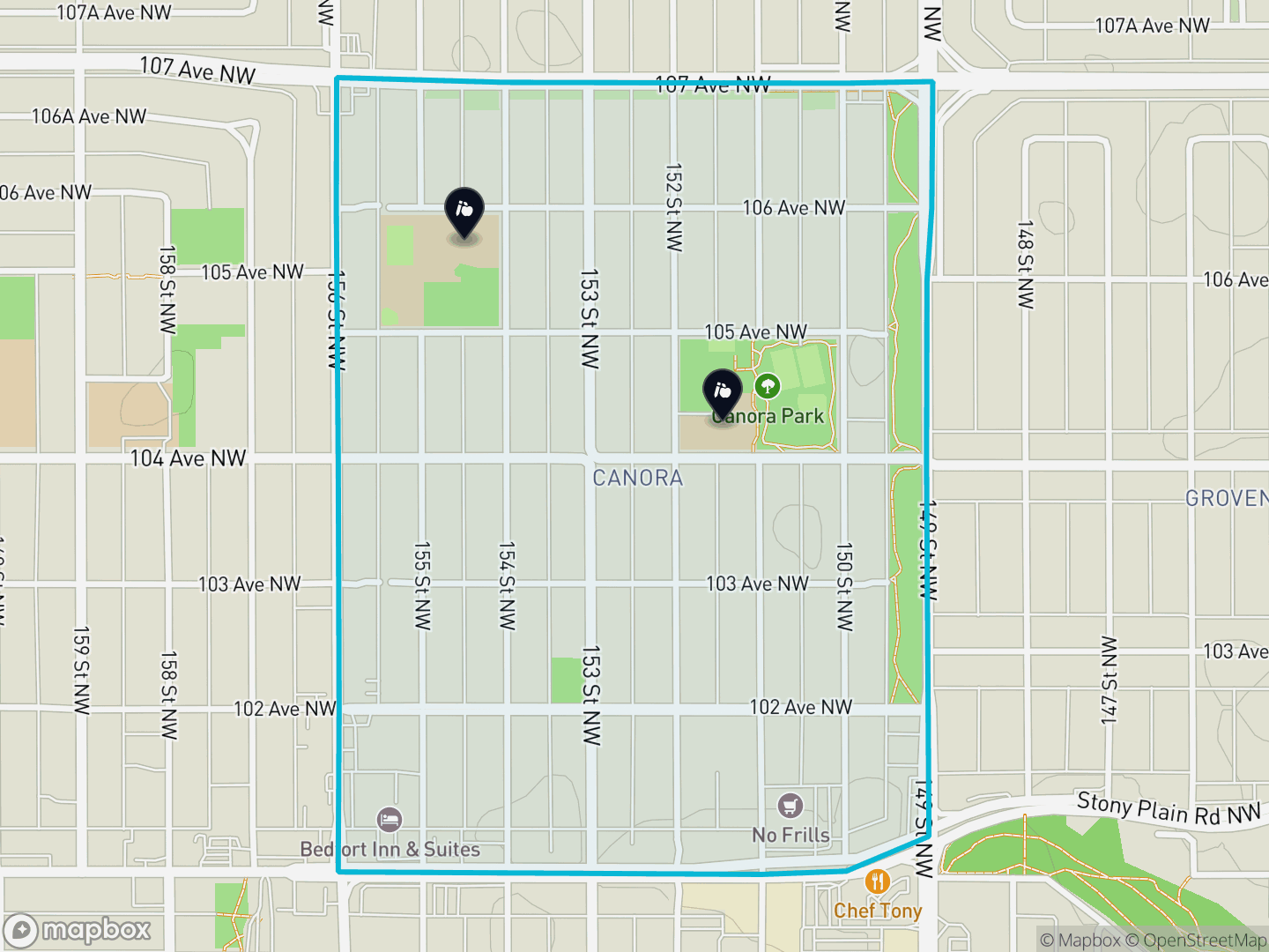 Map of Canora, Edmonton — neighbourhood boundary, 2 schools, parks and surrounding streets.