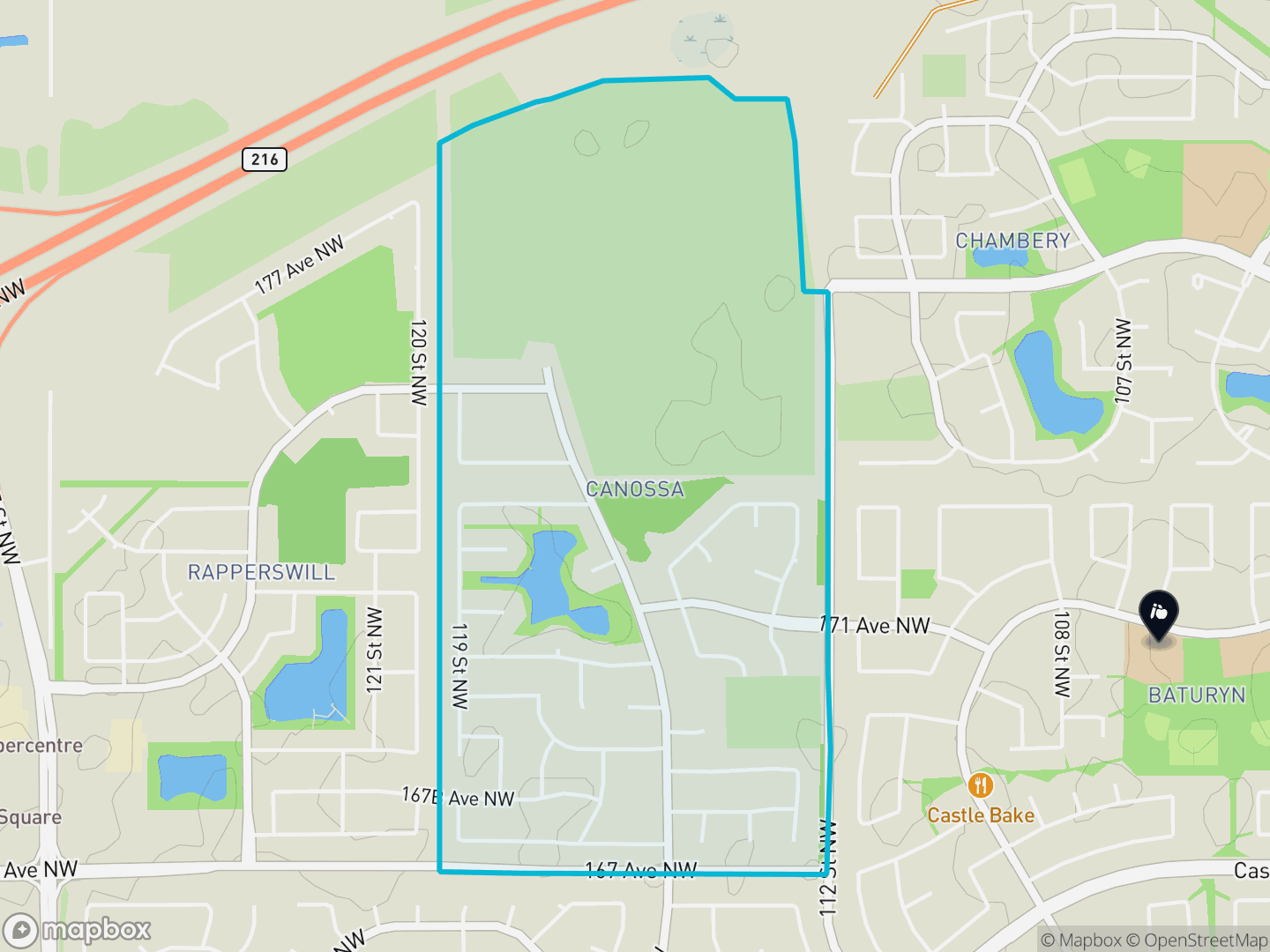 Map of Canossa, Edmonton — neighbourhood boundary, 1 school, parks and surrounding streets.