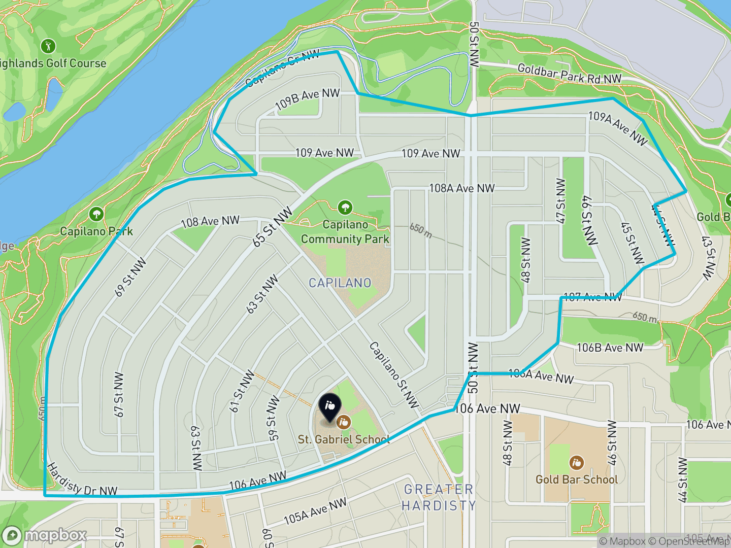 Map of Capilano, Edmonton — neighbourhood boundary, 1 school, parks and surrounding streets.