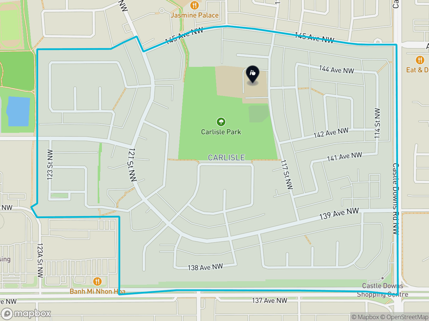 Map of Carlisle, Edmonton — neighbourhood boundary, 1 school, parks and surrounding streets.