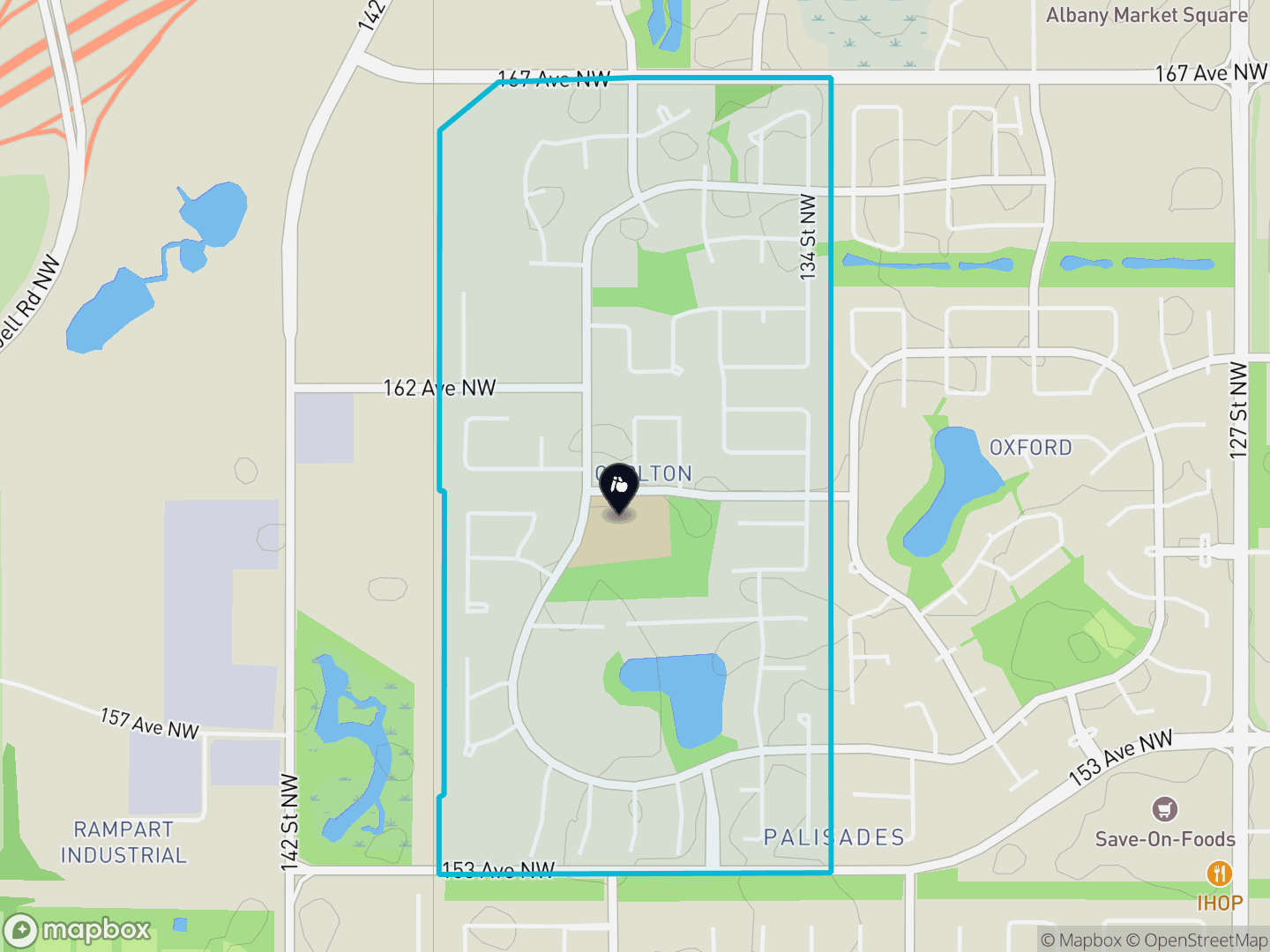 Map of Carlton, Edmonton — neighbourhood boundary, 1 school, parks and surrounding streets.