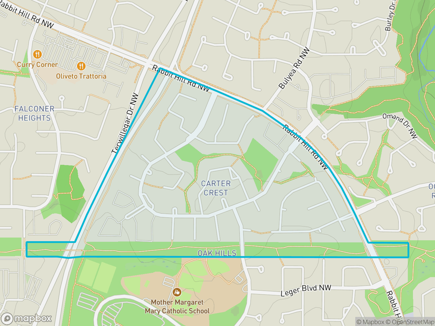 Map of Carter Crest, Edmonton — neighbourhood boundary, parks and surrounding streets.