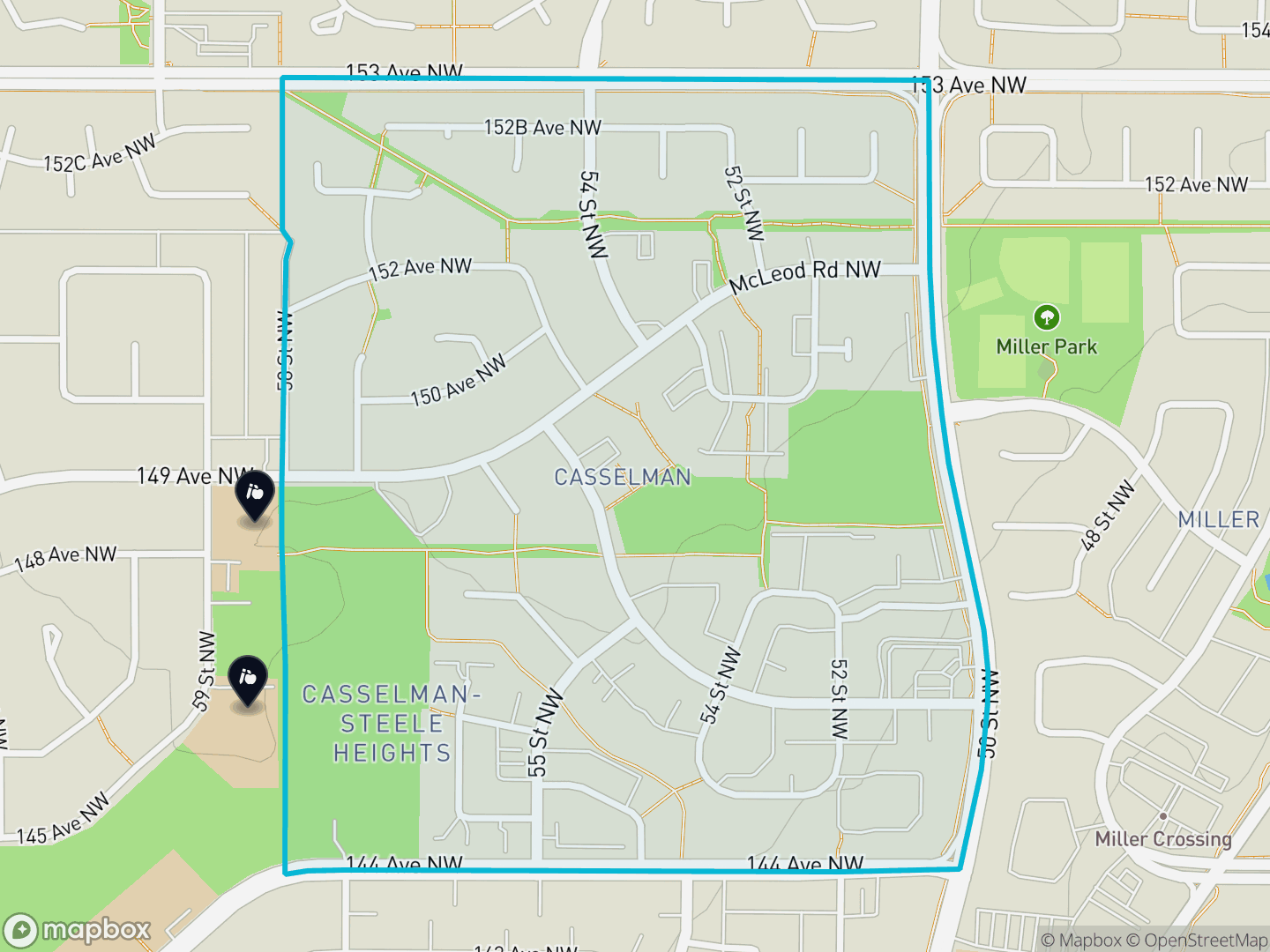 Map of Casselman, Edmonton — neighbourhood boundary, 2 schools, parks and surrounding streets.