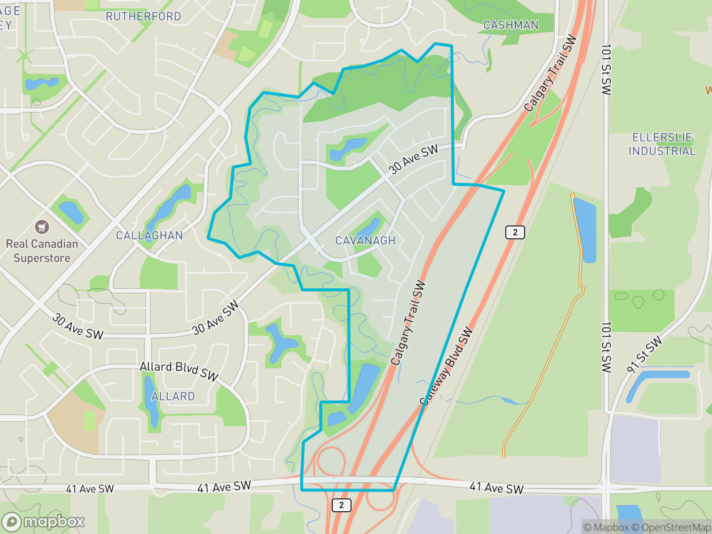 Map of Cavanagh, Edmonton — neighbourhood boundary, parks and surrounding streets.