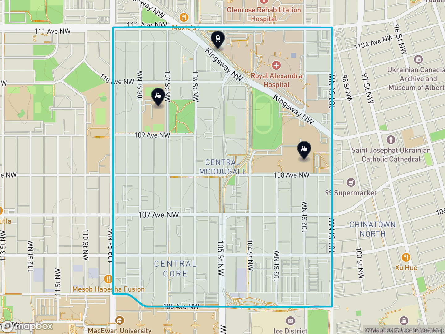 Map of Central McDougall, Edmonton — neighbourhood boundary with 1 LRT station, 2 schools, parks and surrounding streets.