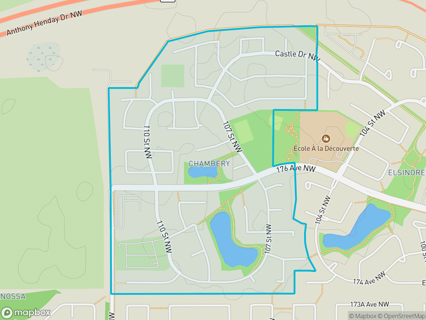 Map of Chambery, Edmonton — neighbourhood boundary, parks and surrounding streets.