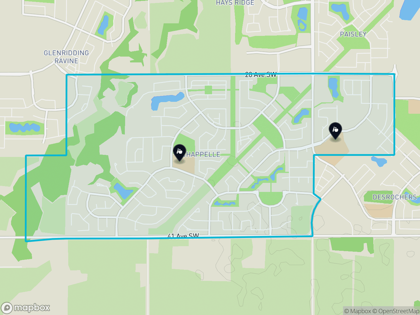 Map of Chappelle, Edmonton — neighbourhood boundary, 2 schools, parks and surrounding streets.