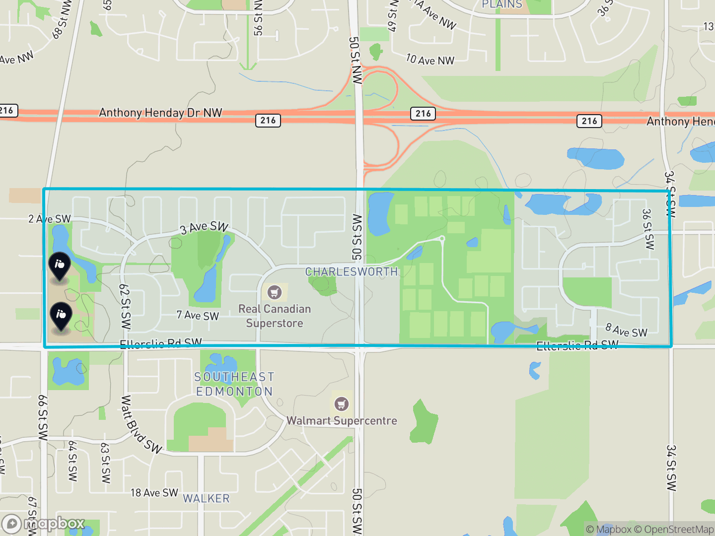 Map of Charlesworth, Edmonton — neighbourhood boundary, 2 schools, parks and surrounding streets.