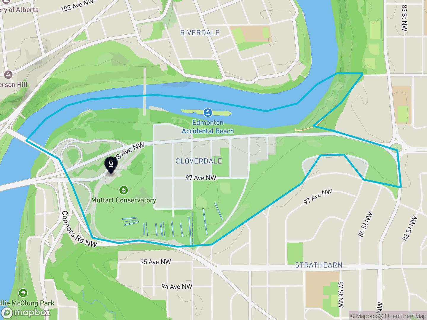 Map of Cloverdale, Edmonton — neighbourhood boundary with 1 LRT station, parks and surrounding streets.