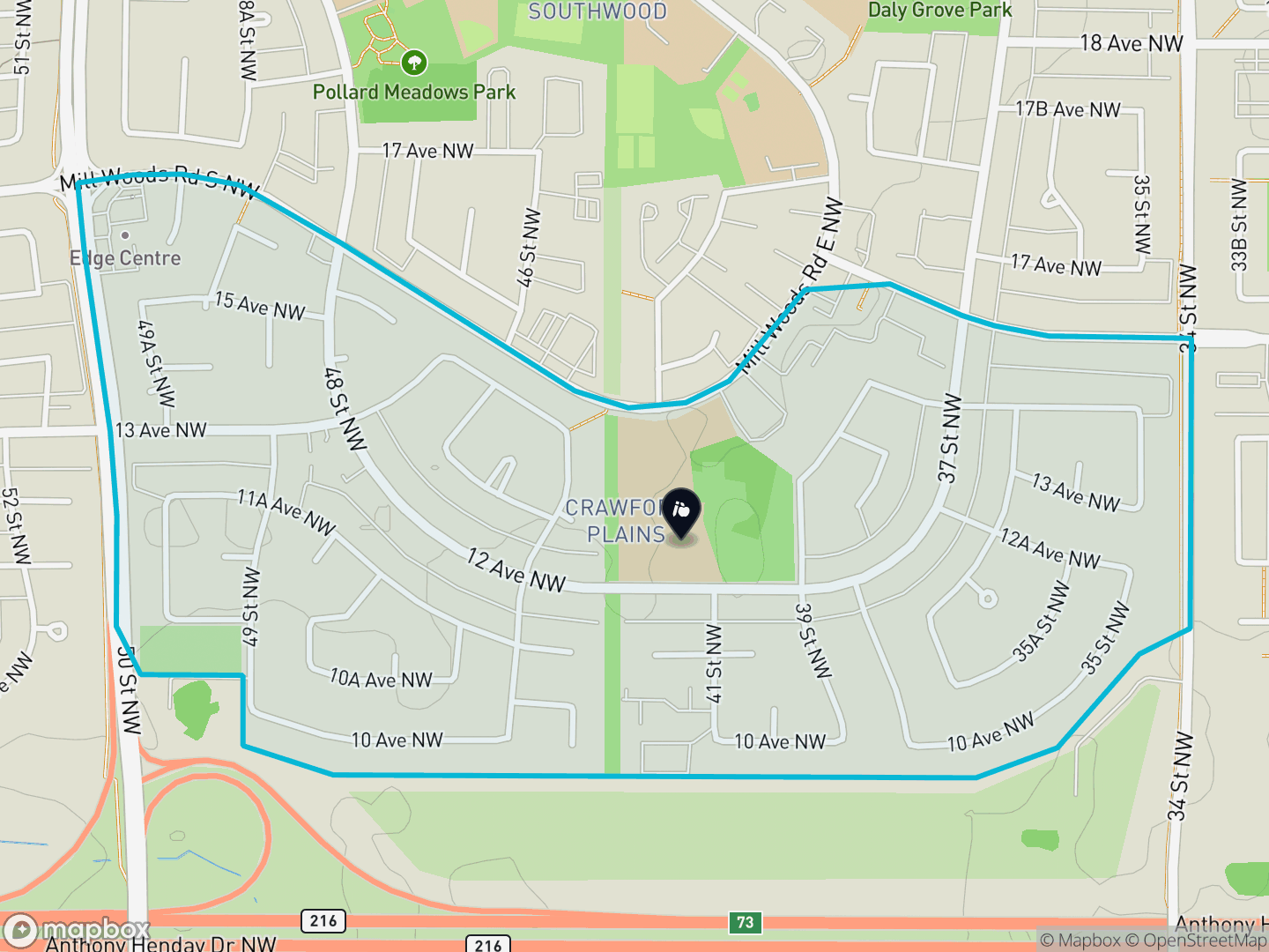 Map of Crawford Plains, Edmonton — neighbourhood boundary, 1 school, parks and surrounding streets.