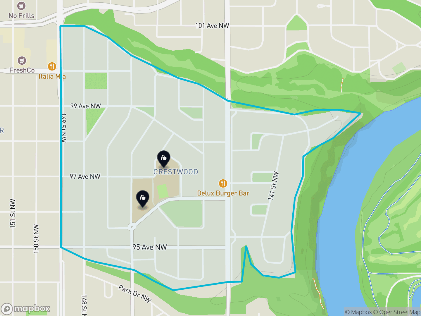 Map of Crestwood, Edmonton — neighbourhood boundary, 2 schools, parks and surrounding streets.