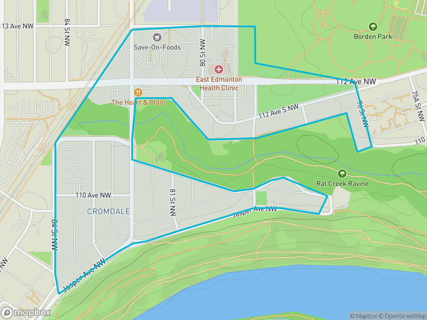 Map of Cromdale, Edmonton — neighbourhood boundary, parks and surrounding streets.