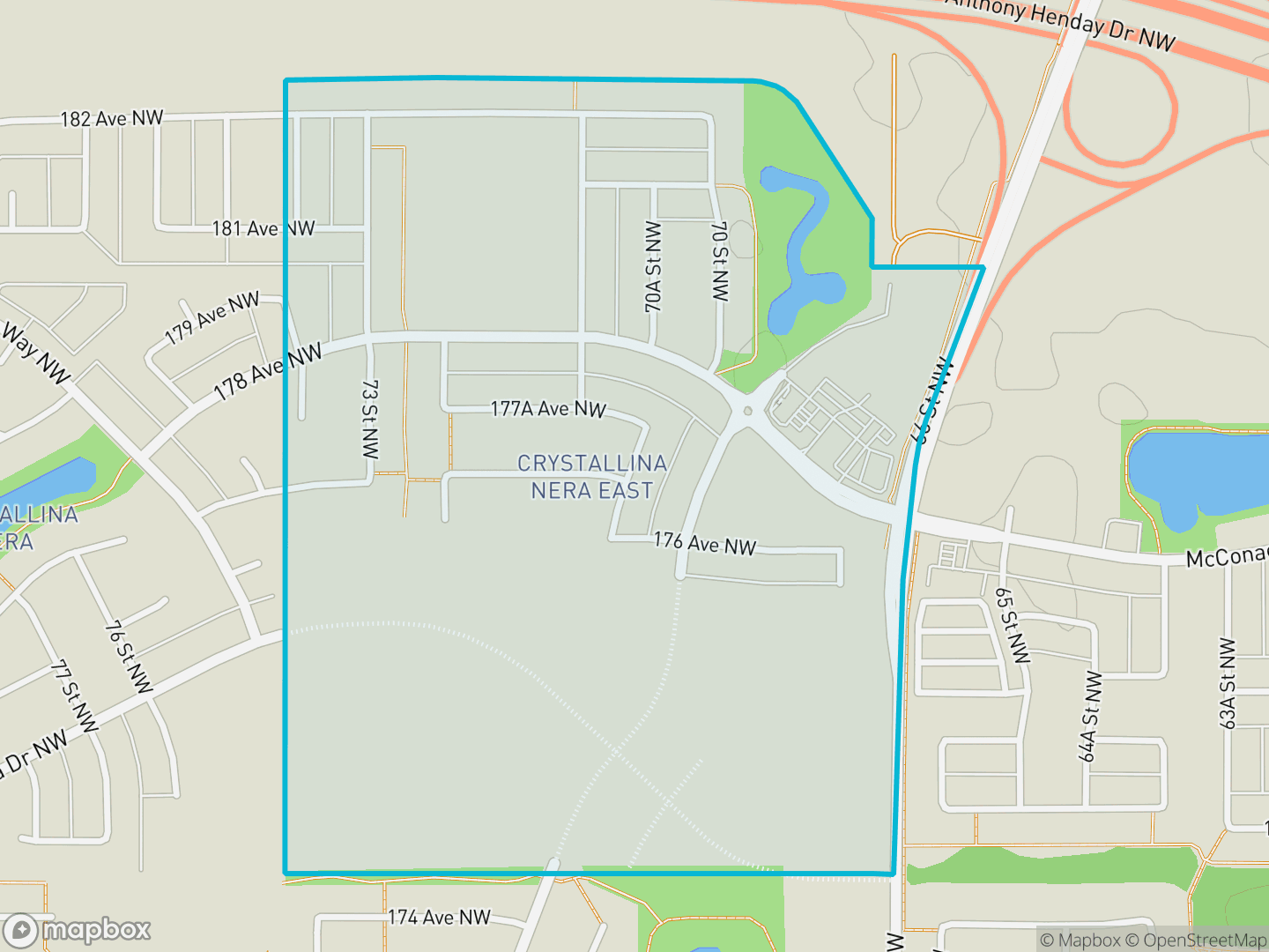 Map of Crystallina Nera East, Edmonton — neighbourhood boundary, parks and surrounding streets.