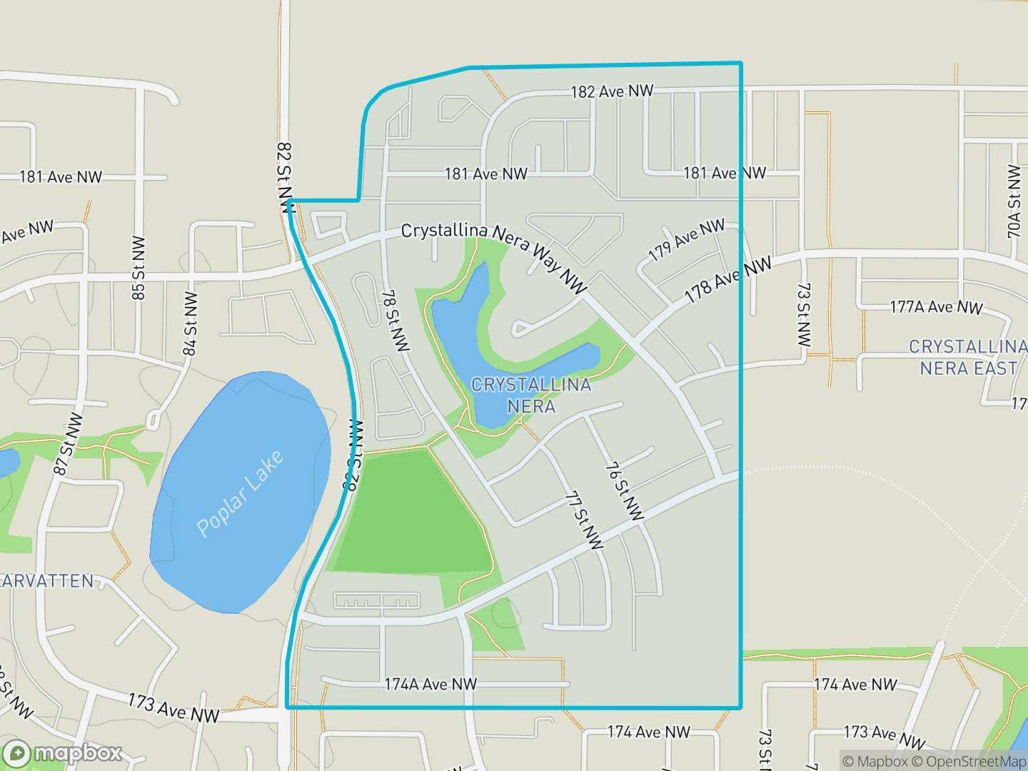 Map of Crystallina Nera West, Edmonton — neighbourhood boundary, parks and surrounding streets.