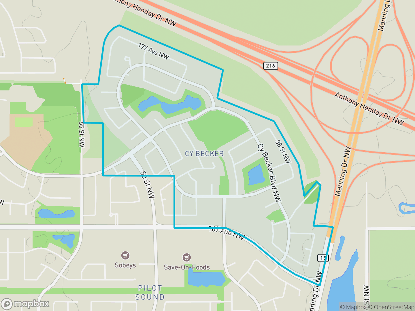 Map of Cy Becker, Edmonton — neighbourhood boundary, parks and surrounding streets.