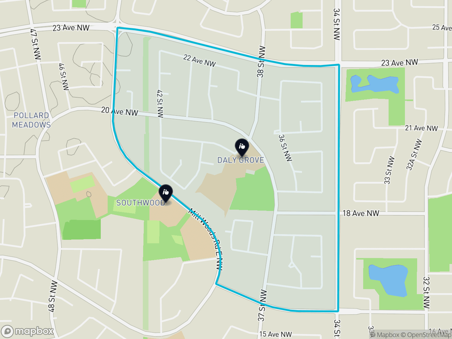 Map of Daly Grove, Edmonton — neighbourhood boundary, 2 schools, parks and surrounding streets.