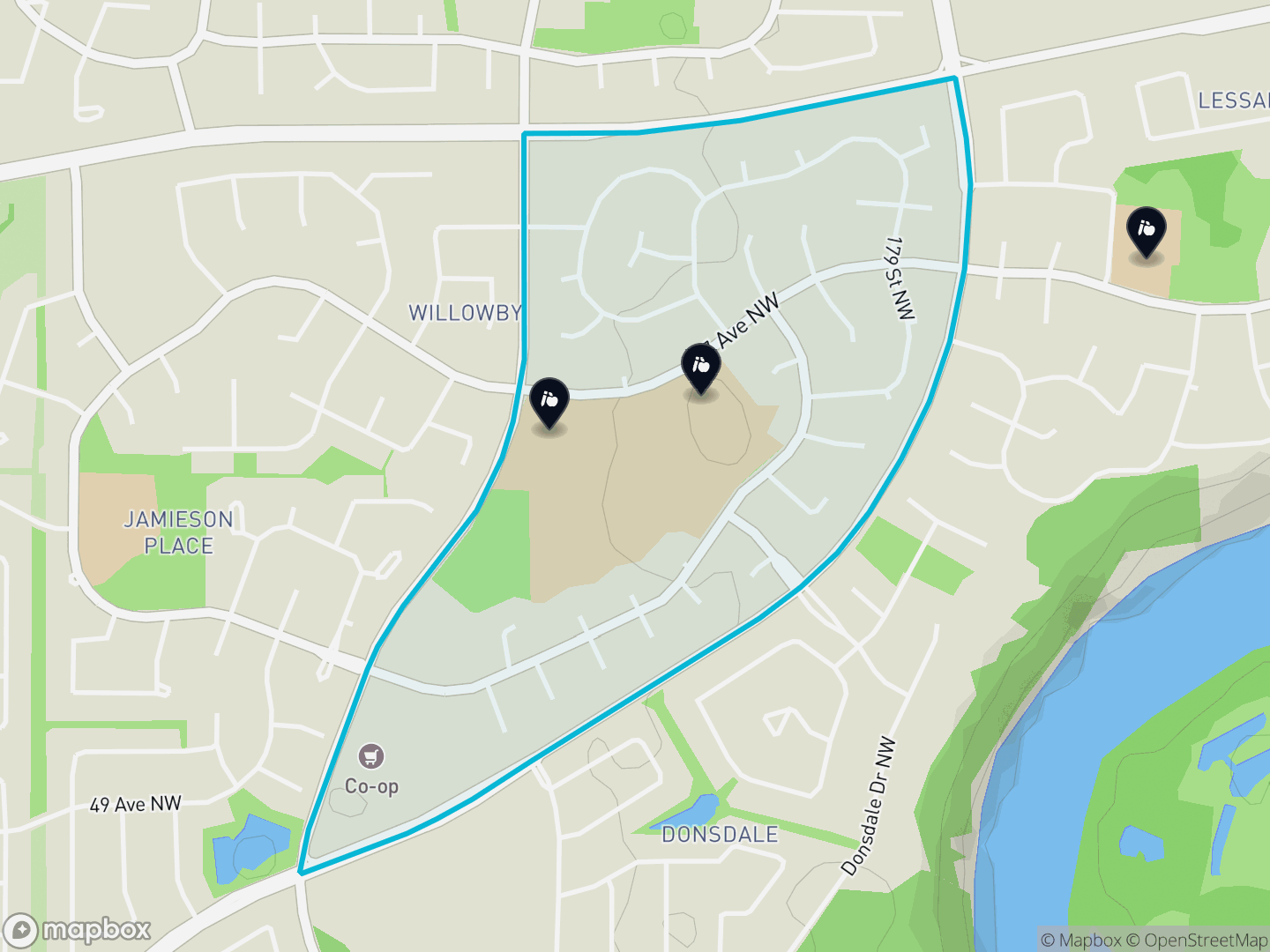 Map of Dechene, Edmonton — neighbourhood boundary, 3 schools, parks and surrounding streets.