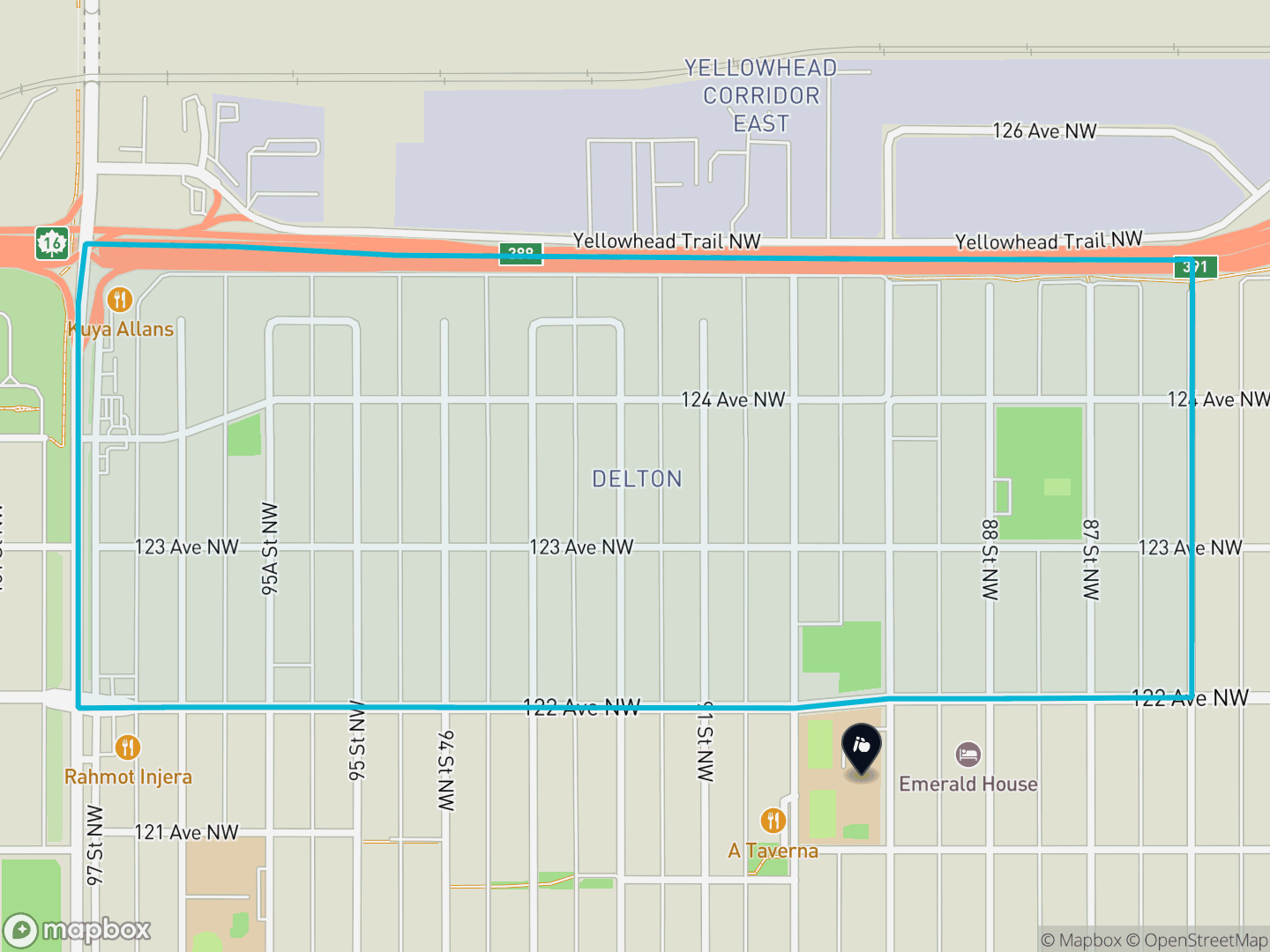 Map of Delton, Edmonton — neighbourhood boundary, 1 school, parks and surrounding streets.