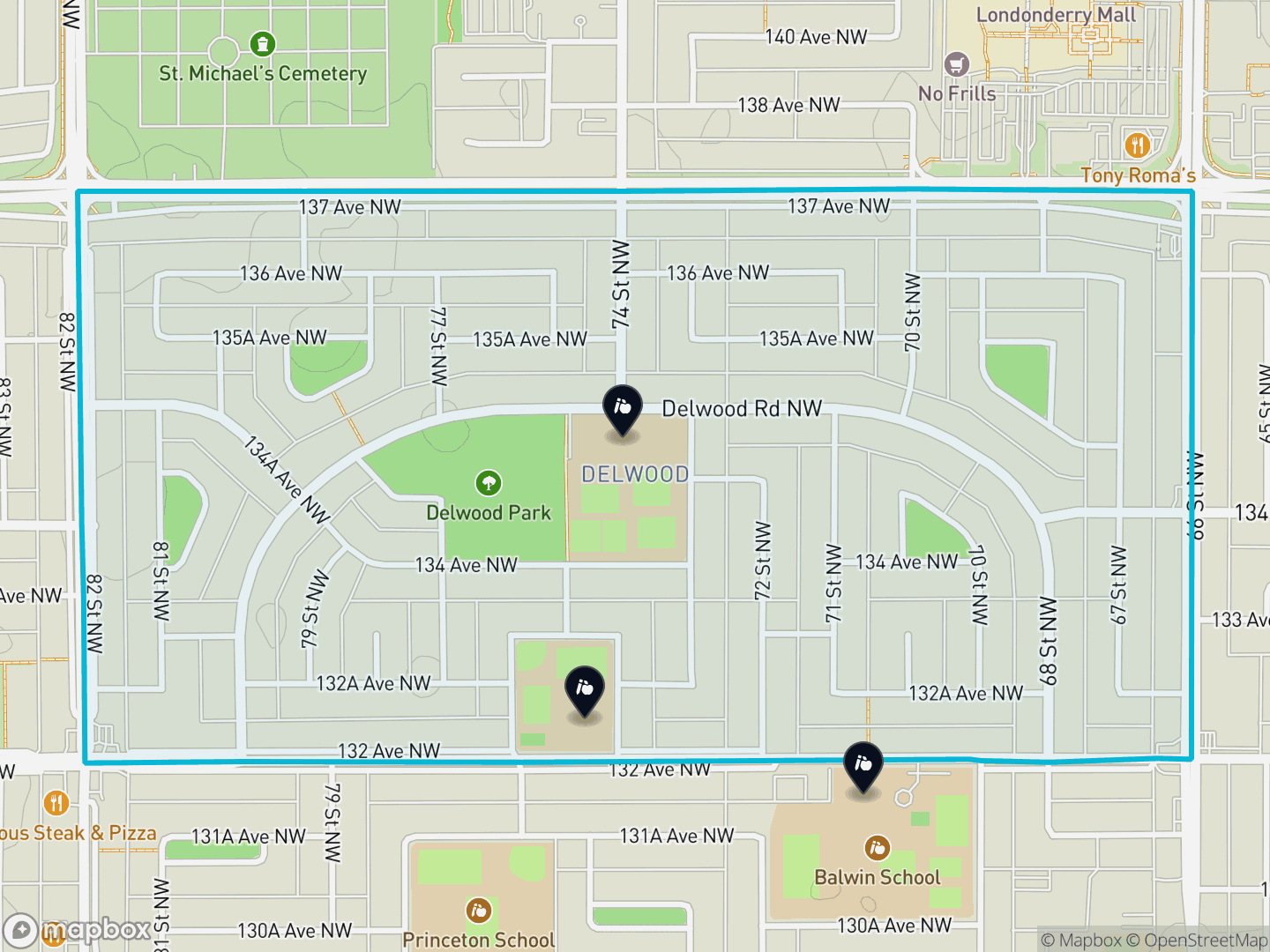 Map of Delwood, Edmonton — neighbourhood boundary, 3 schools, parks and surrounding streets.
