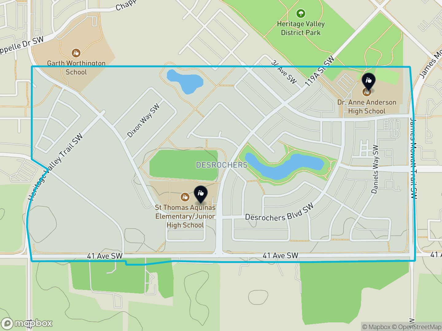 Map of Desrochers Area, Edmonton — neighbourhood boundary, 2 schools, parks and surrounding streets.