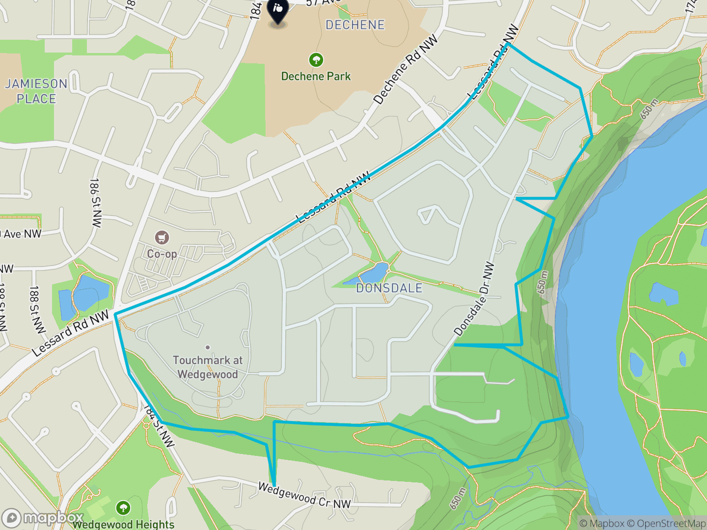 Map of Donsdale, Edmonton — neighbourhood boundary, 1 school, parks and surrounding streets.