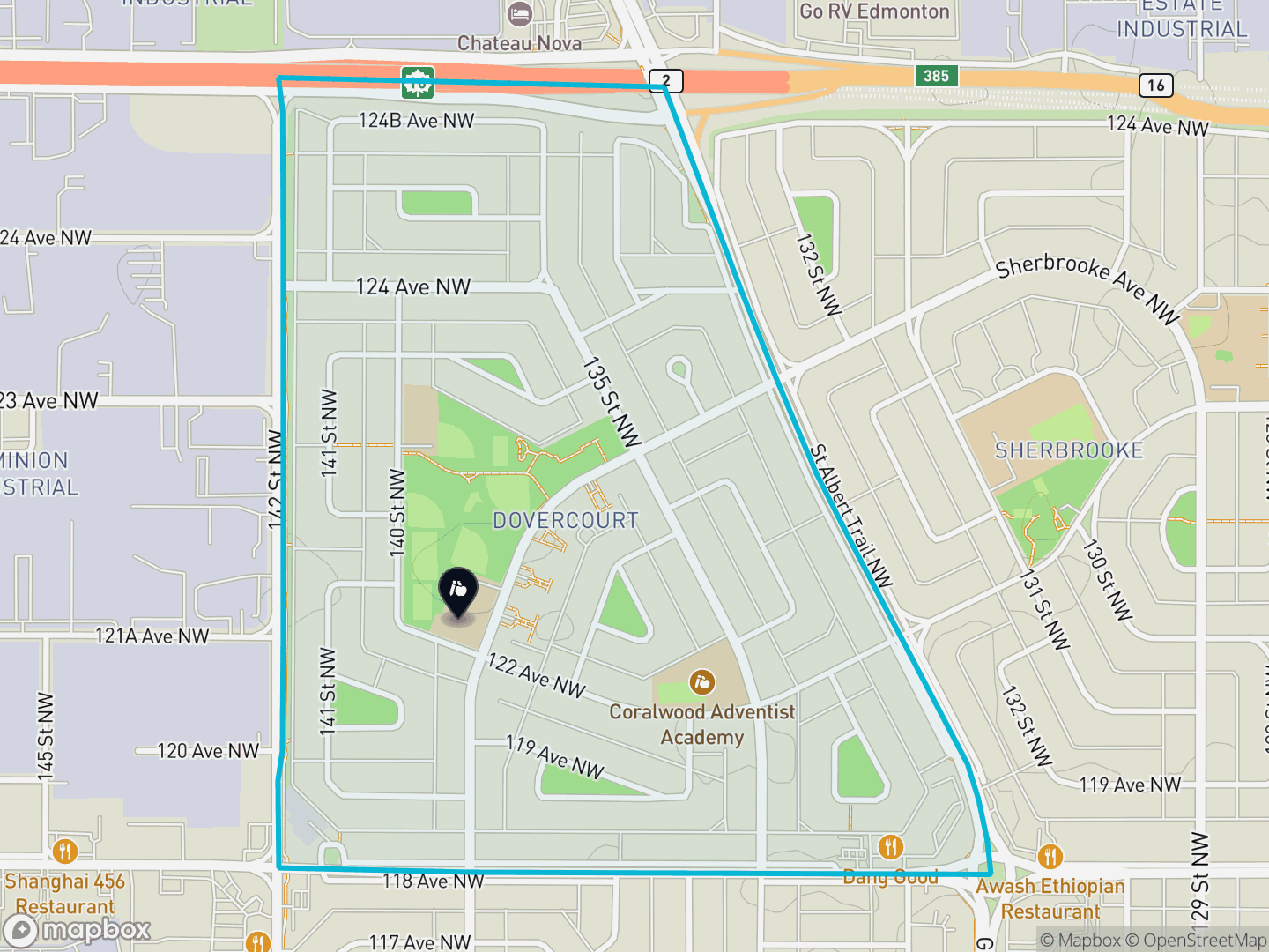 Map of Dovercourt, Edmonton — neighbourhood boundary, 1 school, parks and surrounding streets.