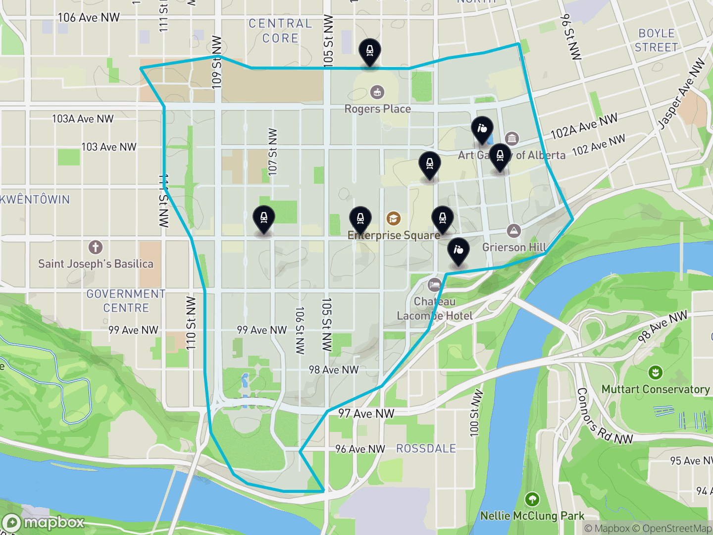Map of Downtown, Edmonton — neighbourhood boundary with 6 LRT stations, 2 schools, parks and surrounding streets.