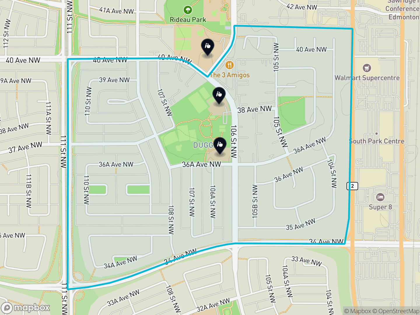 Map of Duggan, Edmonton — neighbourhood boundary, 3 schools, parks and surrounding streets.