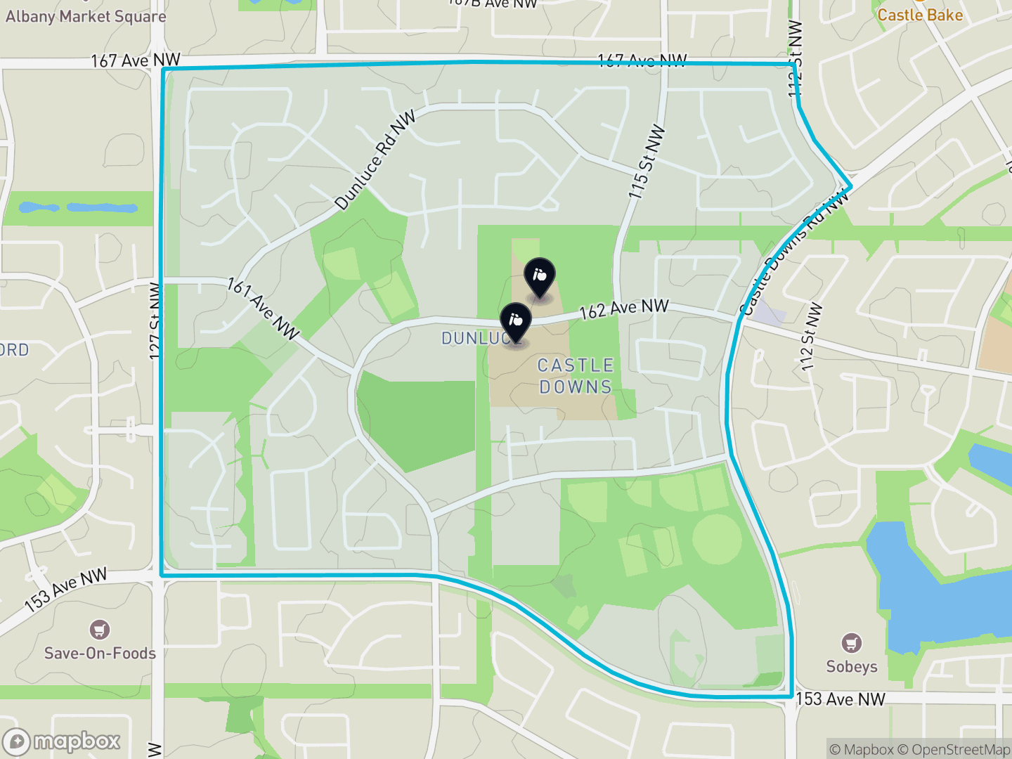 Map of Dunluce, Edmonton — neighbourhood boundary, 2 schools, parks and surrounding streets.