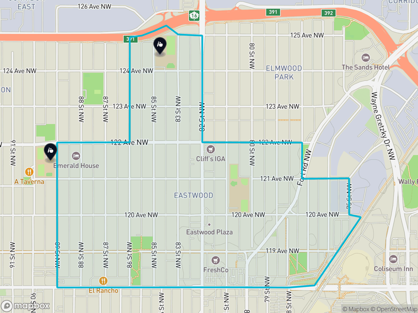 Map of Eastwood, Edmonton — neighbourhood boundary, 2 schools, parks and surrounding streets.