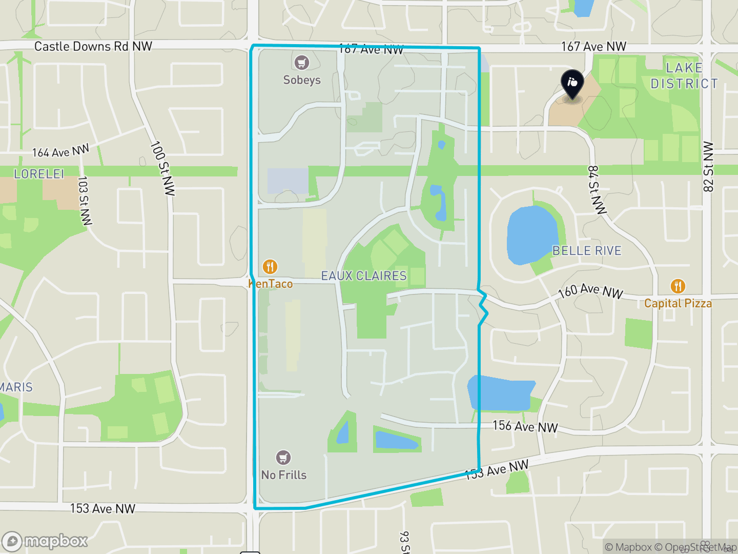 Map of Eaux Claires, Edmonton — neighbourhood boundary, 1 school, parks and surrounding streets.
