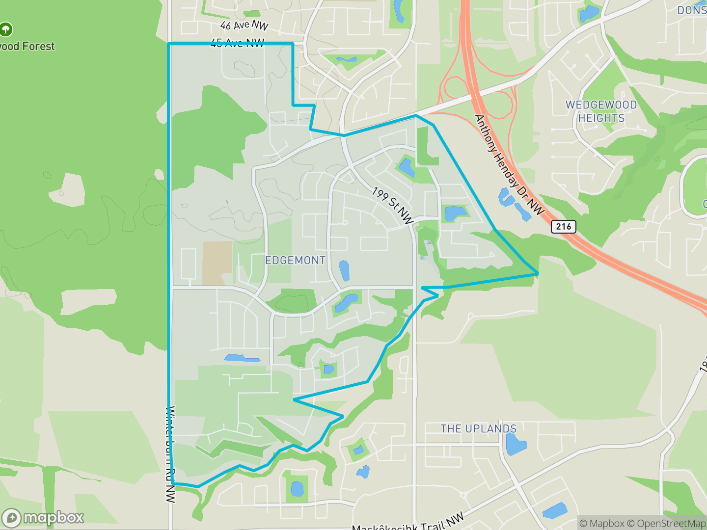 Map of Edgemont, Edmonton — neighbourhood boundary, parks and surrounding streets.