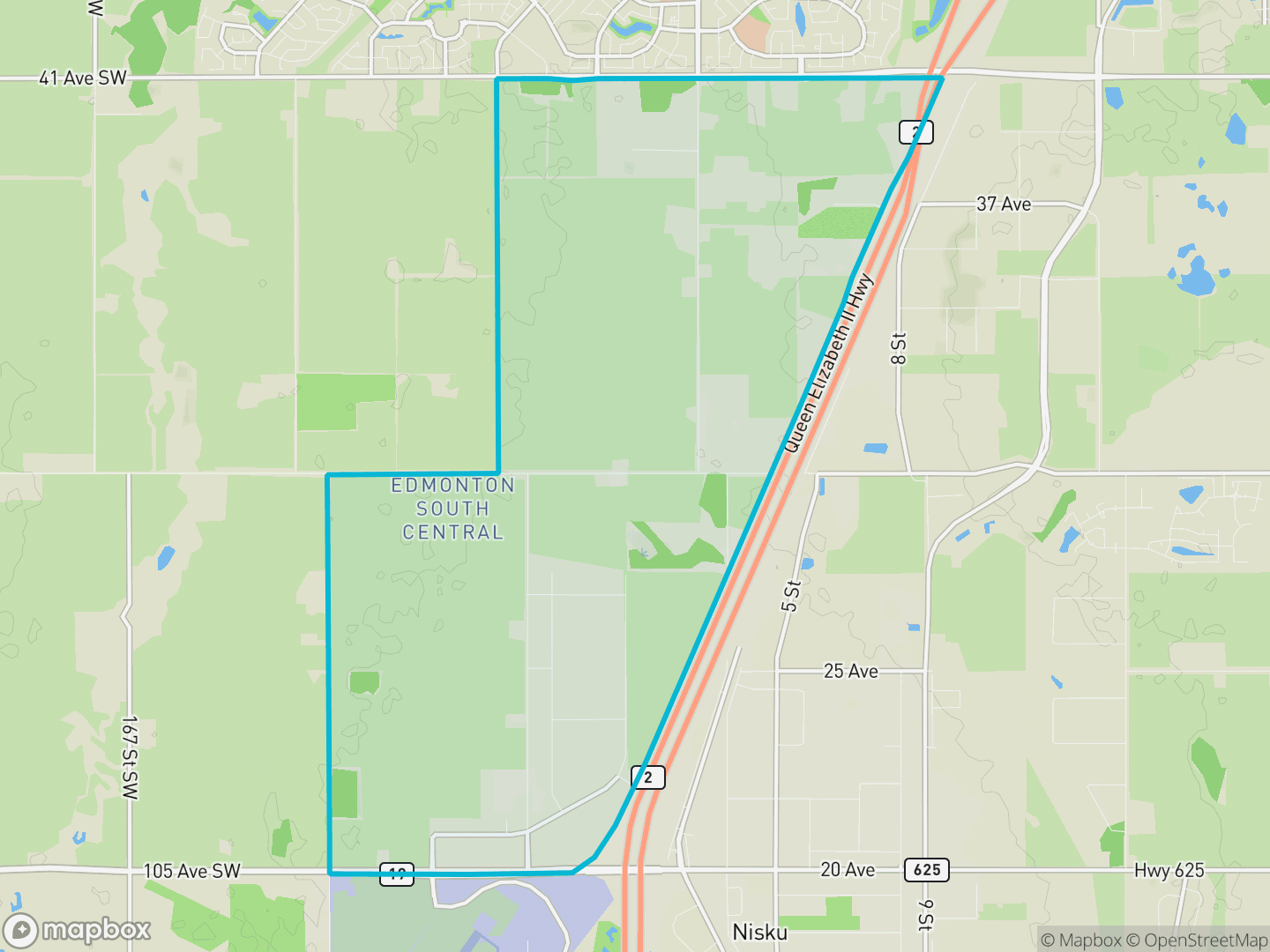 Map of Edmonton South Central, Edmonton — neighbourhood boundary, parks and surrounding streets.