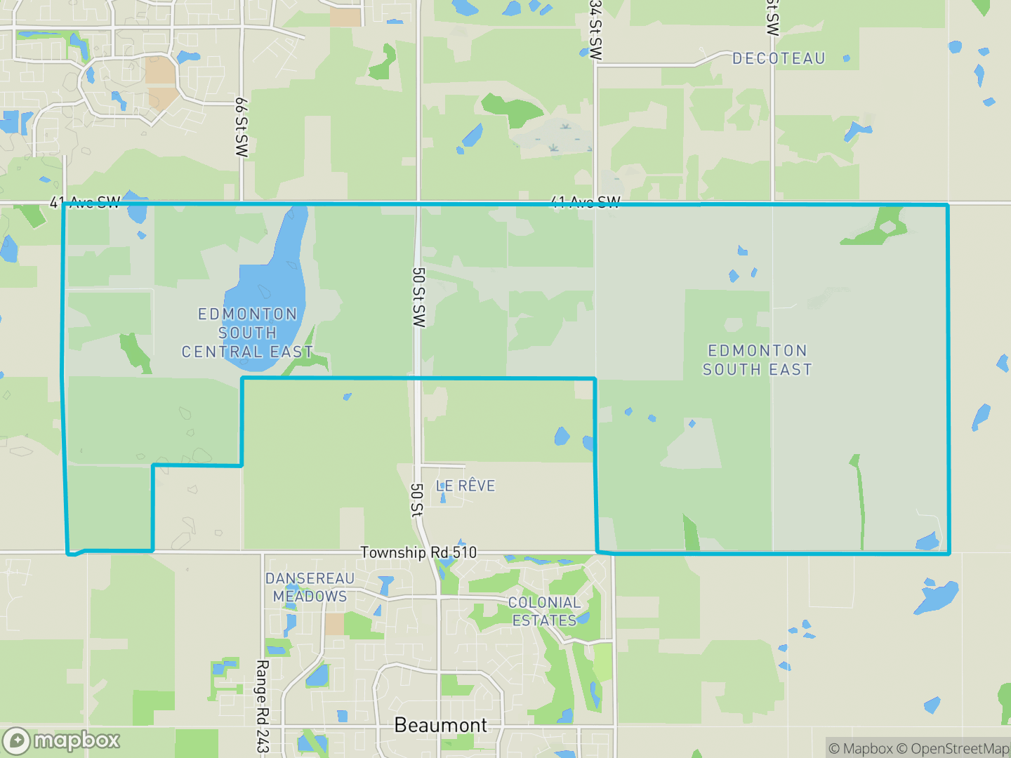 Map of Edmonton South East, Edmonton — neighbourhood boundary, parks and surrounding streets.