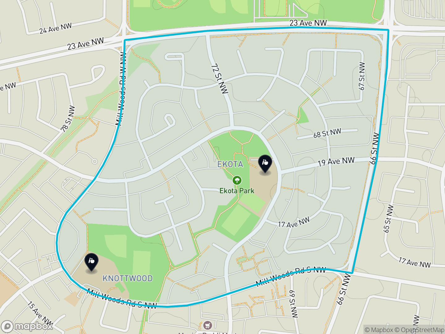 Map of Ekota, Edmonton — neighbourhood boundary, 2 schools, parks and surrounding streets.