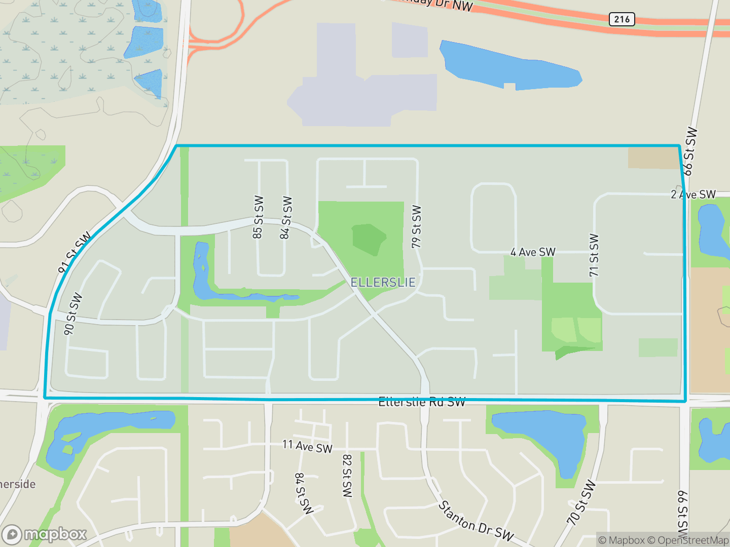 Map of Ellerslie, Edmonton — neighbourhood boundary, parks and surrounding streets.
