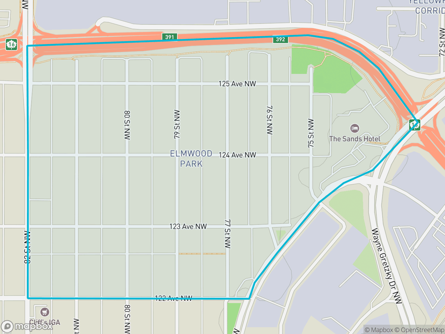 Map of Elmwood Park, Edmonton — neighbourhood boundary, parks and surrounding streets.