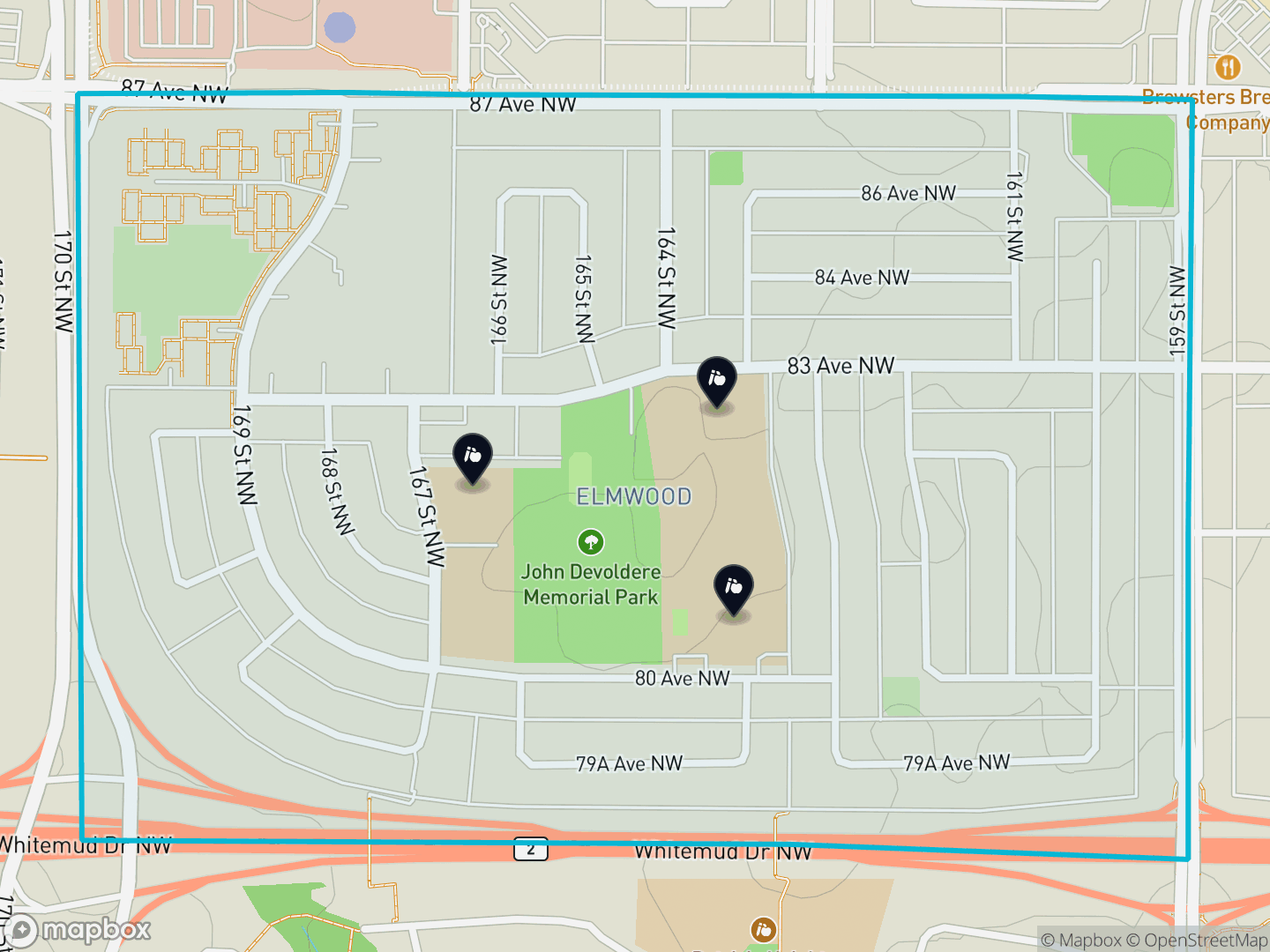 Map of Elmwood, Edmonton — neighbourhood boundary, 3 schools, parks and surrounding streets.