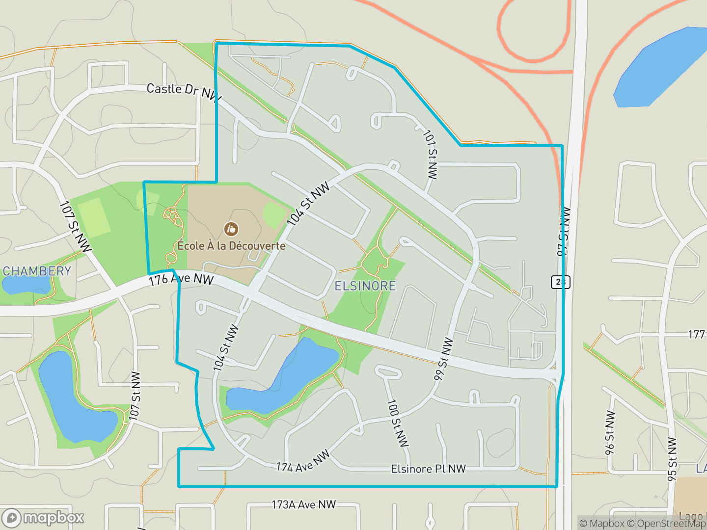 Map of Elsinore, Edmonton — neighbourhood boundary, parks and surrounding streets.