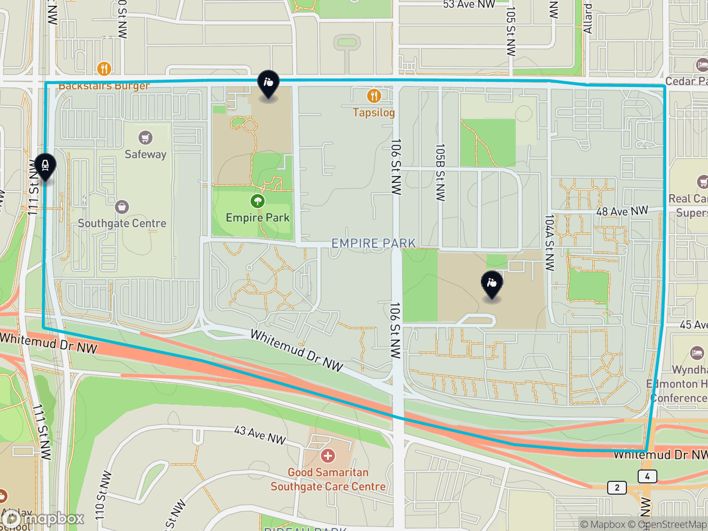 Map of Empire Park, Edmonton — neighbourhood boundary with 1 LRT station, 2 schools, parks and surrounding streets.