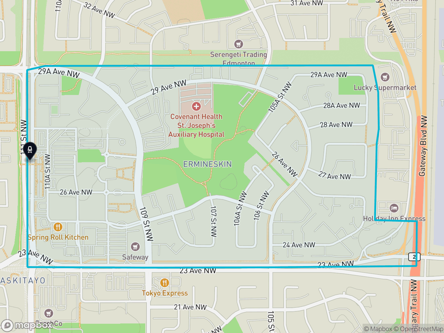 Map of Ermineskin, Edmonton — neighbourhood boundary with 1 LRT station, parks and surrounding streets.