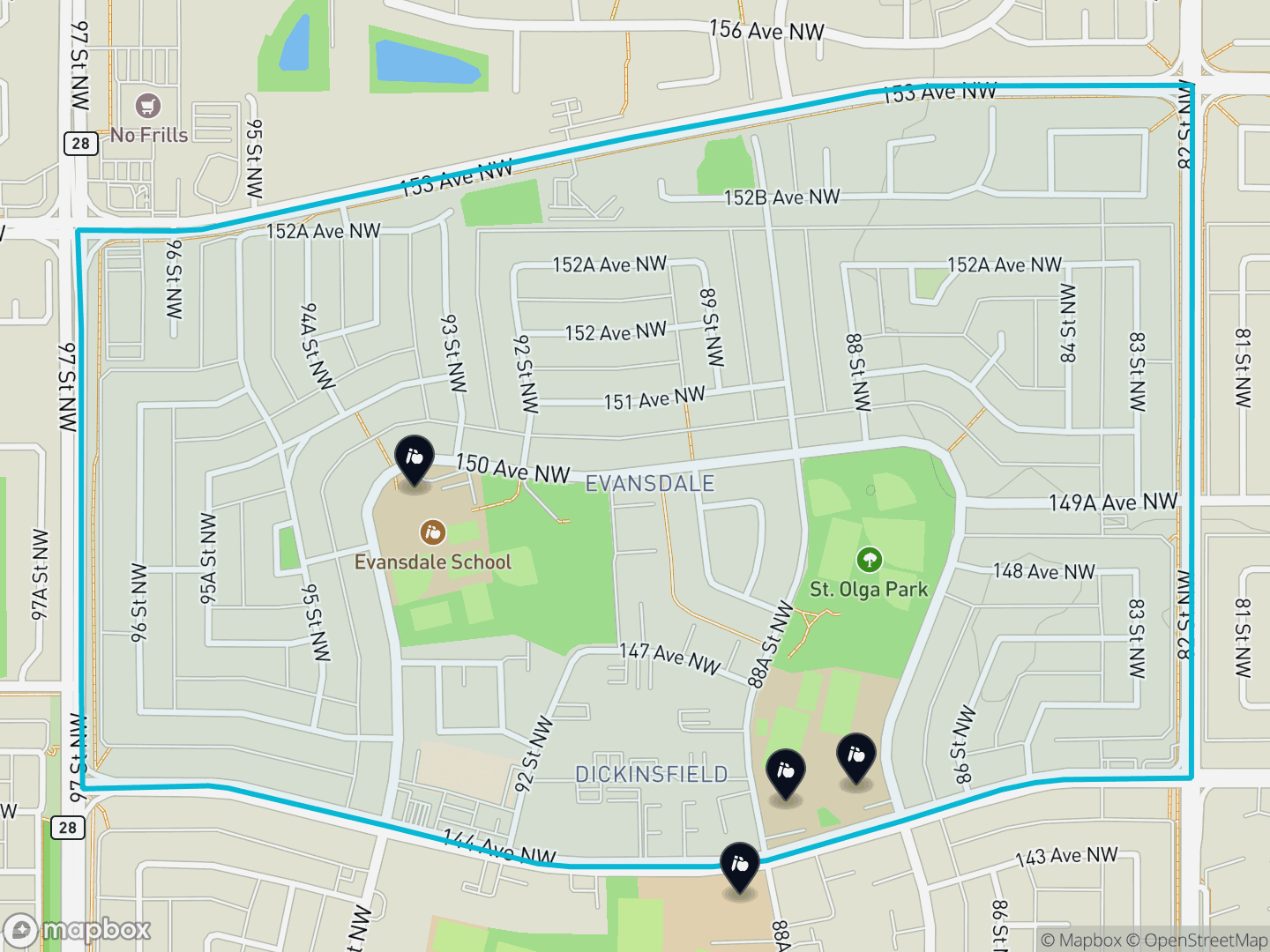 Map of Evansdale, Edmonton — neighbourhood boundary, 4 schools, parks and surrounding streets.